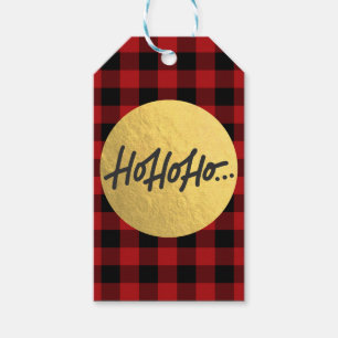 HO HO HO Jul Holiday Röd Buffalo Rutig Guld Presentetikett