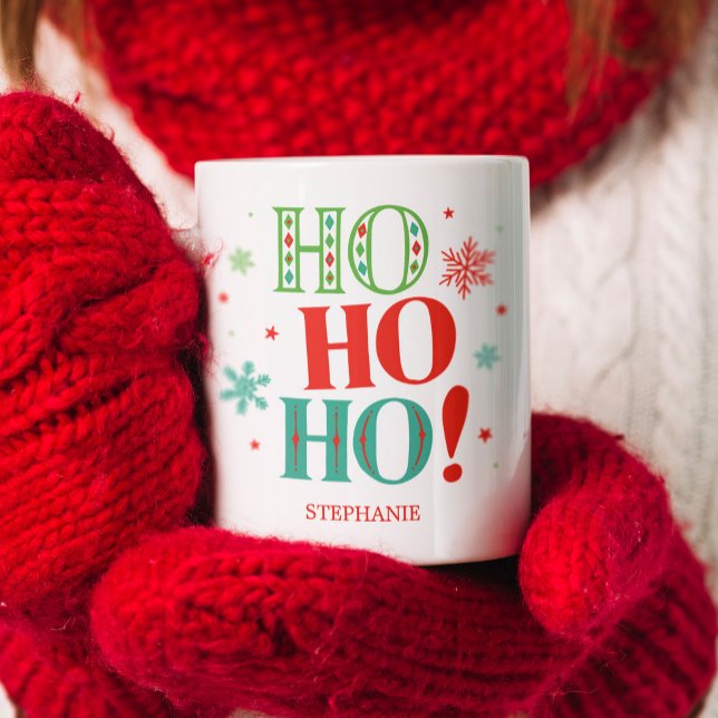 Ho Ho Ho Jul Monogram Grönt Red Två-Tonad Mugg (Retro Ho Ho Ho Design with green read and teal. Personalize with name for a wonderful Christmas gift)