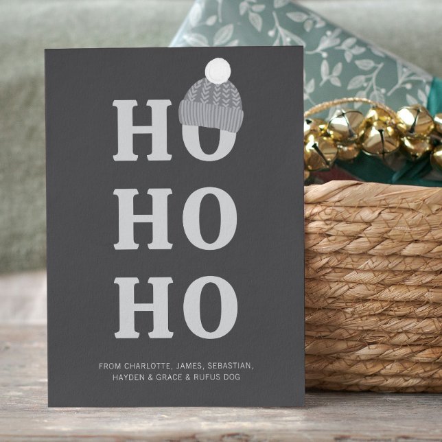 Ho Ho Ho-julets Personlig Julkort (Ho Ho Ho Christmas Personalized Holiday Card by Ricaso. Cute woollen bobble hat on a Ho Ho Ho card)
