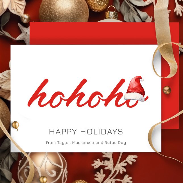 Ho Ho Ho-julets Personlig Julkort (Ho Ho Ho Christmas Personalized Holiday Cards by Ricaso. Santa hat red & white simple cards)