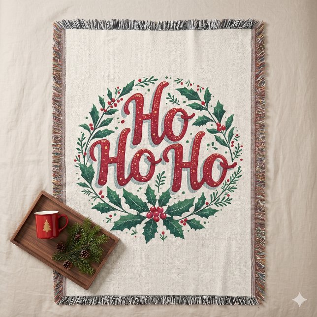 Ho Ho Ho Julkrans Typografi Design Filt (Ho Ho Ho Christmas Wreath Typography Design Throw Blanket)