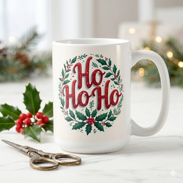 Ho Ho Ho Julkrans Typografi Design Kaffemugg (Ho Ho Ho Christmas Wreath Typography Design Coffee Mug)