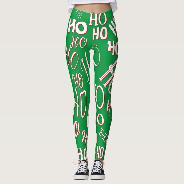 HO HO HO Jultext mönster vit grönt röd Leggings (Framsida)