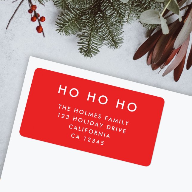 Ho Ho Ho | Minimalistisk Returadress för röd jul Adressetikett (Modern bright red “Ho Ho Ho” return address label by Guava for your festive mail)