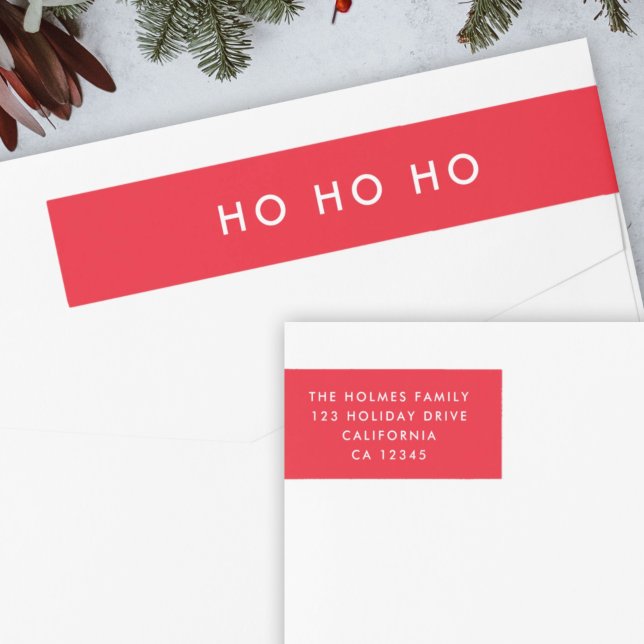 Ho Ho Ho | Minimalistisk Returadress för röd jul Etikettband (Modern bright red “Ho Ho Ho” wrap label by Guava for festive mail)