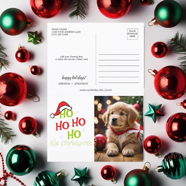 Ho Ho Ho på julen med rött hatt Photo Helg Vykort (Ho Ho Ho Its Christmas with red hat Photo Holiday Postcard)
