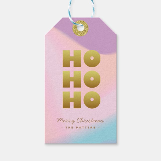 Ho Ho Ho | Pastellfärgad Rosa Gradient & Guld jul Presentetikett (Framsidan)