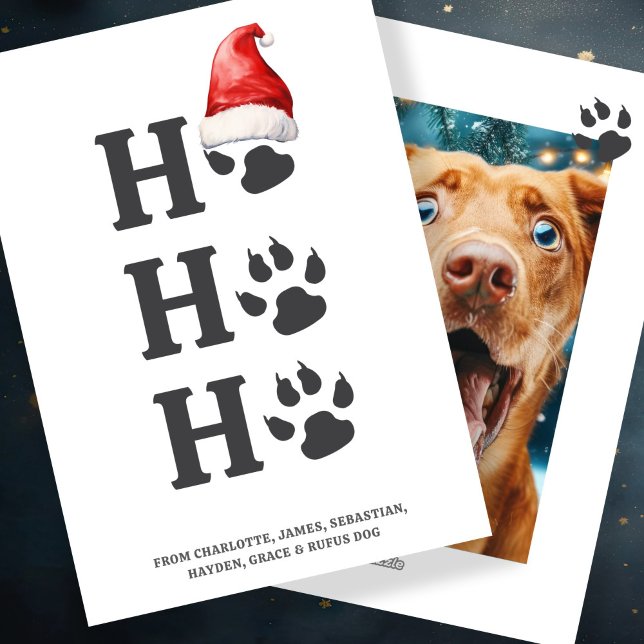 Ho Ho Ho-Personligen Hund Tass Julkort (Ho Ho Ho Christmas Dog Paw Personalized Holiday Card by Ricaso. Fun pet themed with Santa Hat detail)