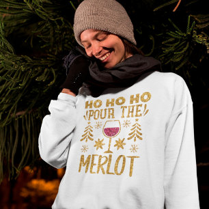 Ho Ho Ho Pour the Merlot Guld Glitter Helgdag T Shirt