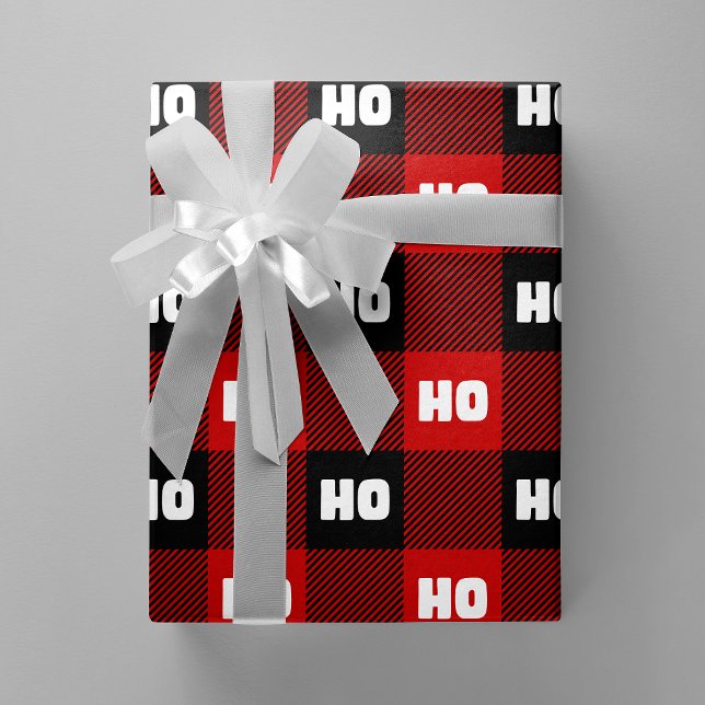 Ho Ho Ho Red Black White Christmas Buffalo Plaid Presentpapper (Ho Ho Ho Red & Black Chic Christmas Buffalo Plaid Wrapping Paper)