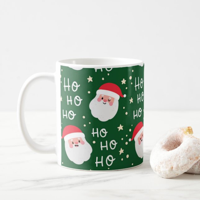 HO HO HO Santa Grönt Mönster Coffee Mugg (Med munk)