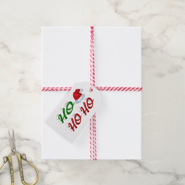 Ho Ho Ho Santa Hat-skript med röd grönt Presentetikett (Med Snöre)