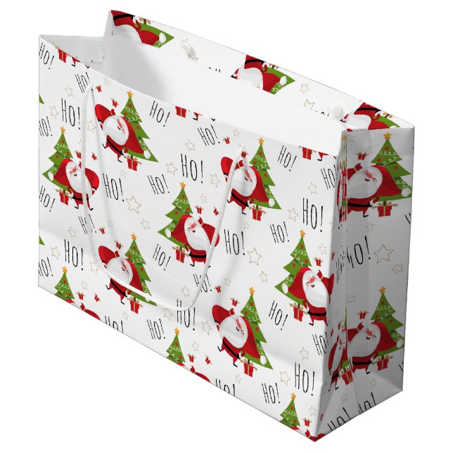 Ho Ho Ho Santa och Julgranar Large Gift Bag (Framsidan Vinklad)