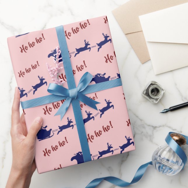 Ho Ho Ho Santa Sleigh och Reindeers Rosa Seamless Presentpapper (Gifting)