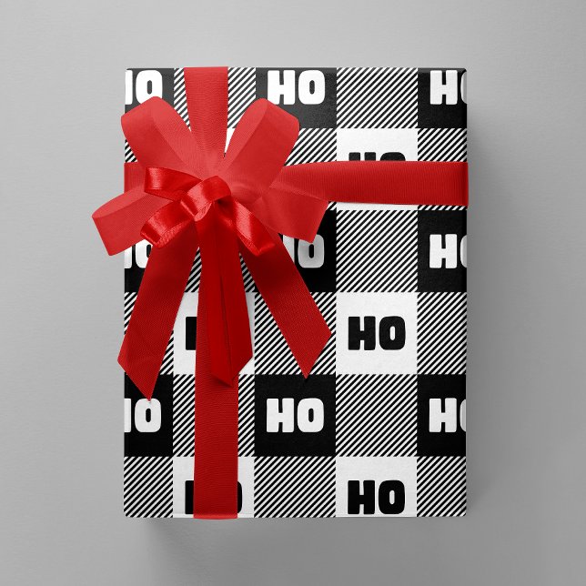 Ho Ho Ho Svart Vitt Chic Jul Buffalo Rutig Presentpapper (Ho Ho Ho Black & White Chic Christmas Buffalo Plaid Wrapping Paper)