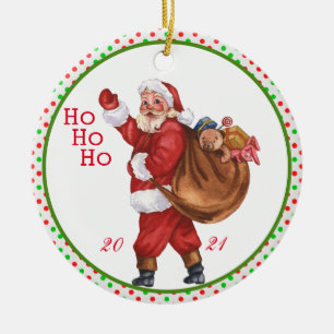 HO HO! Jolly Gamla Jultomten med Leksak Bag Julgransprydnad Keramik