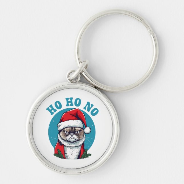 Ho ho nej - rolig grinig tomte katt rund silverfärgad nyckelring (Framsidan)