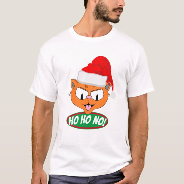 Ho Ho NEJ! Sarksatisk Anti-Jul Tecknad Katt T Shirt (Framsida)