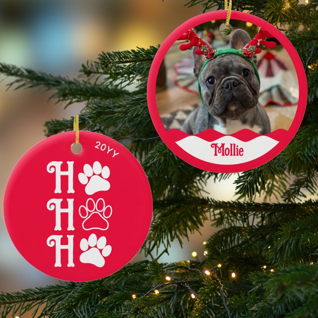 Ho Ho Paw Skriv ut Cute Hund Photo Personlig Red Julgransprydnad Keramik (Cute fun personalized Ho Ho Ho paw print dog photo Christmas ornament)