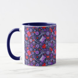 Hobby Sew Crafter Collage Mönster Blue Red Mugg