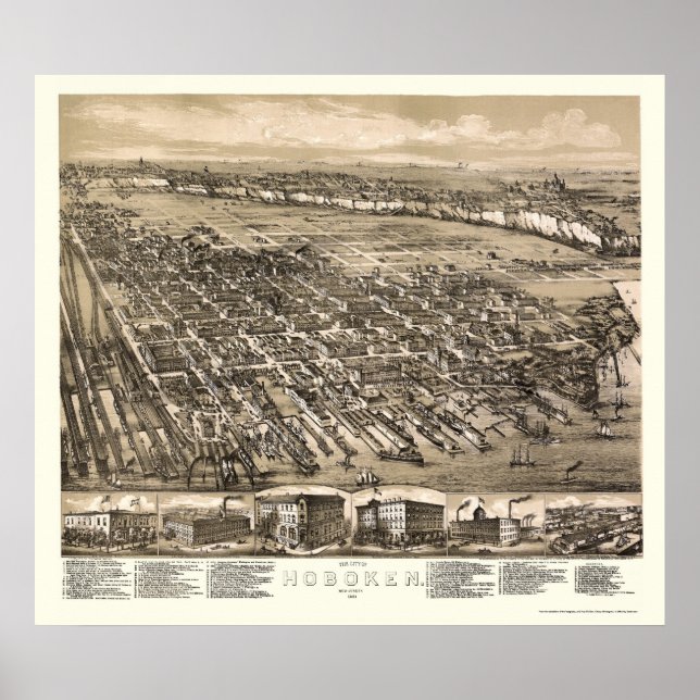 Hoboken, NJ Panoramic Karta - 1881 Poster (Framsidan)