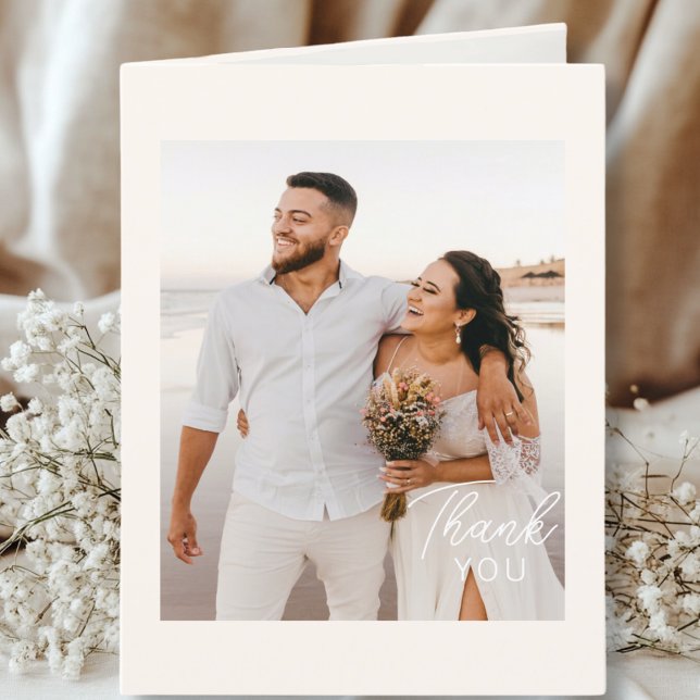 Hochzeitshandschrift Danke 3 Fotos Elegant Beige Tack Kort (Modern, Minimal, Wedding "Thank You" Beige Card, 3 Photos.)