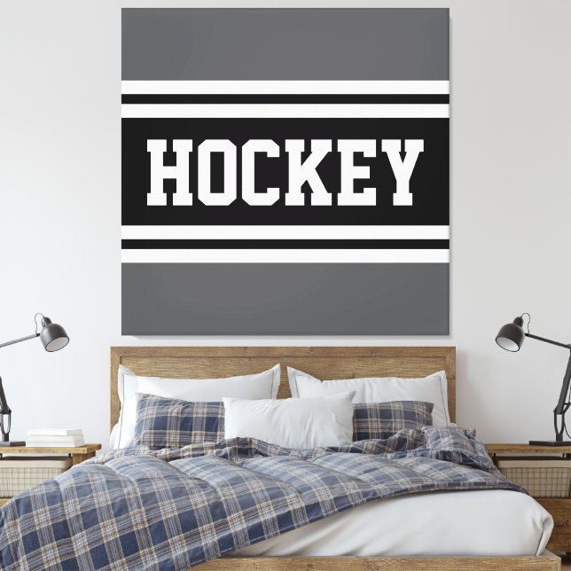 HOCKEY Atletisk Grå Svart Vit Racingränder Canvastryck (Insitu (sovrum))