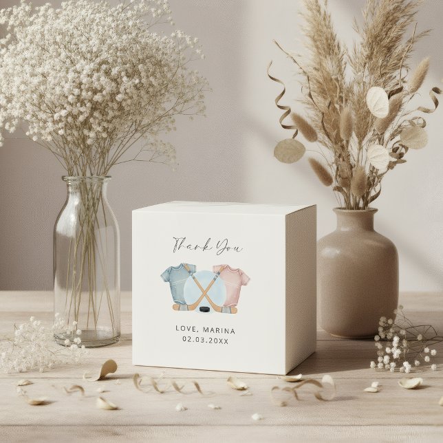 Hockey baby shower, ishockey könsbestämning, presentaskar (hockey gender reveal favor box)