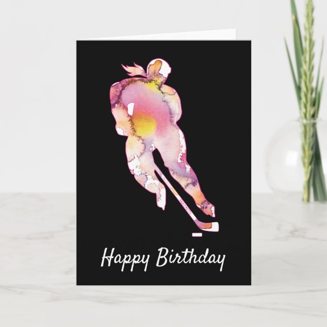 Hockey Birthday Hockey Player Watercolor C Kort (Framsida)