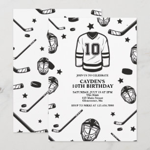 Hockey Black and White 10 Birthday Inbjudningar