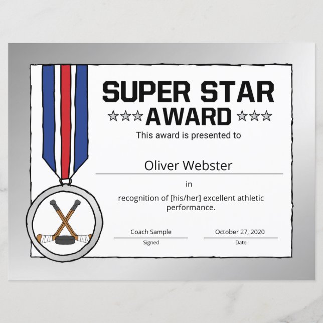 Hockey Certificate för toppen Star Hockey Player A (Framsida)