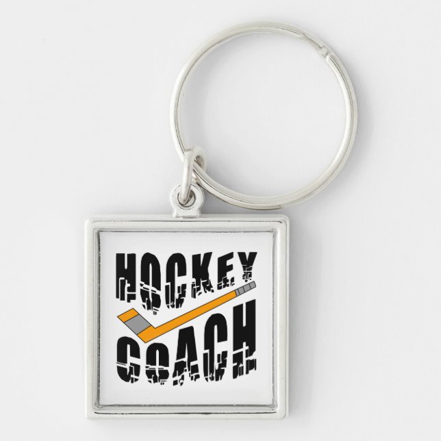 Hockey Coach Stick Fyrkantig Silverfärgad Nyckelring (Framsidan)