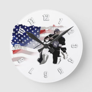 Hockey Goalie och US Flagga Round Clock Rund Klocka
