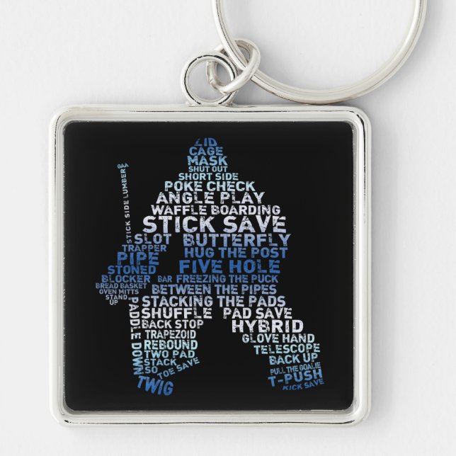Hockey Goalie Typography Keychain Fyrkantig Silverfärgad Nyckelring (Framsidan)