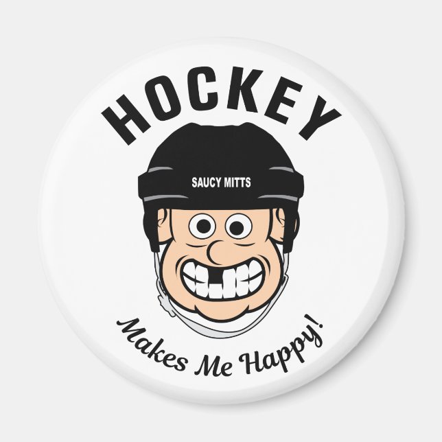 Hockey gör mig Lycklig Funny Tecknad Hockey Player Magnet (Framsidan)
