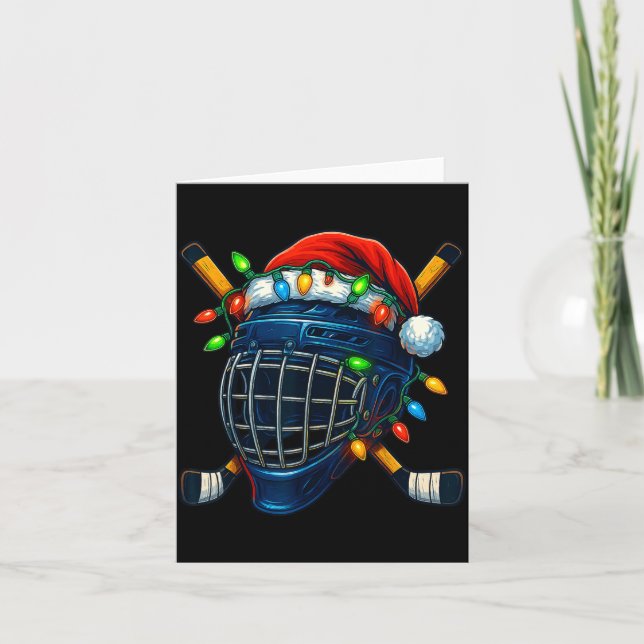 Hockey Helmet Christmas Lights Santa Hat Design Xm Kort (Framsida)