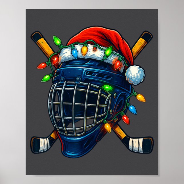 Hockey Helmet Christmas Lights Santa Hat Design Xm Poster (Framsidan)