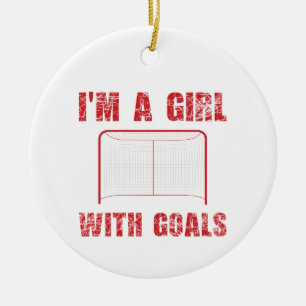 Hockey, jag är flicka med mål julgransprydnad keramik