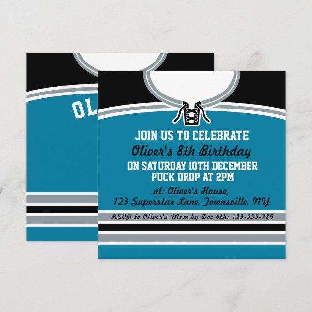 Hockey Jersey Thmet Party Inbjudan Template, Teal (Fram/baksida)