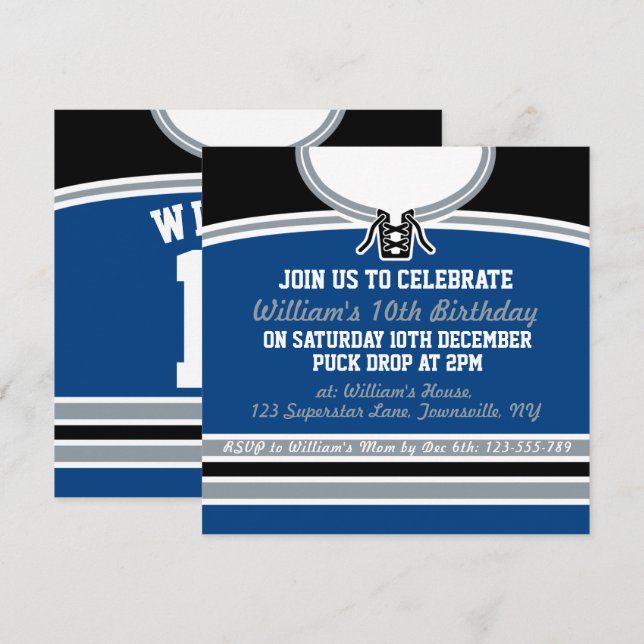 Hockey Jersey Thned Party Inbjudan Template, Blue (Fram/baksida)