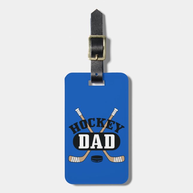 Hockey Pappa Hockey Sticks och Puck Blue Bagagebricka (Vertikal Framsida)