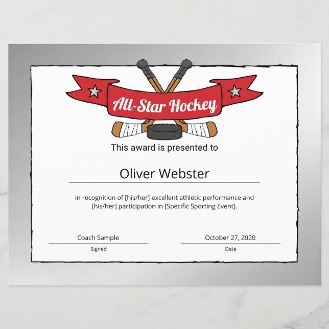 Hockey Player Award Hockey Certificate för alla st (Framsida)