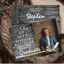 Hockey Player Sports Rustic Photo Studenten Inbjudningar