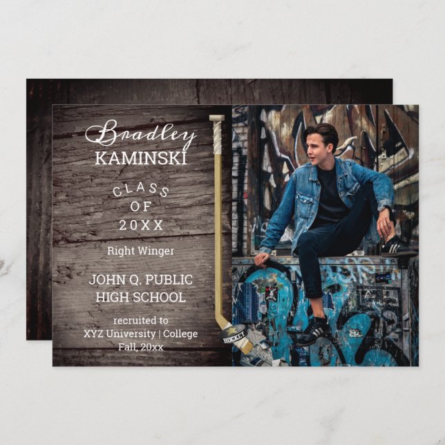 Hockey Player Sports Studenten Photo Announcement Inbjudningar (Fram/baksida)