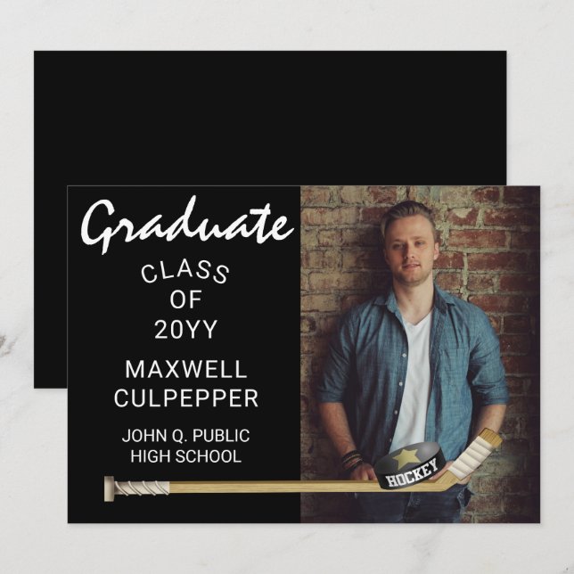 Hockey Player Sports Studenten Photo Announcement Inbjudningar (Fram/baksida)