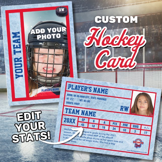 Hockey Player Trading Card Souvenir (Hockey trading card with customizable stats, including goals (G), assists (A), and points (PTS).)