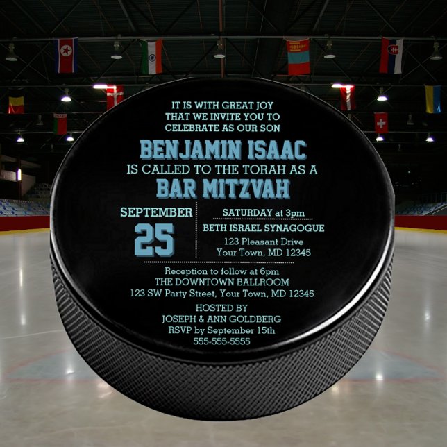 Hockey Puck Round Blue Pub Mitzvah-inbjudan Inbjudningar (Skapare uppladdad)