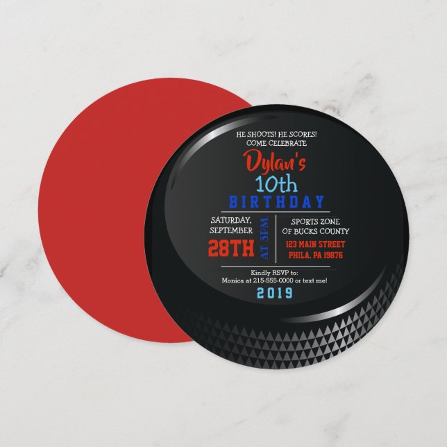 HOCKEY PUCK ROUND Födelsedagsfest inbjudan (Fram/baksida)