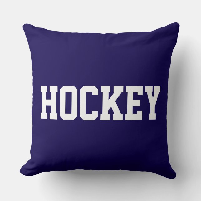 HOCKEY Rolig Atletisk Vit Text På Djupblå Kudde (Framsida)