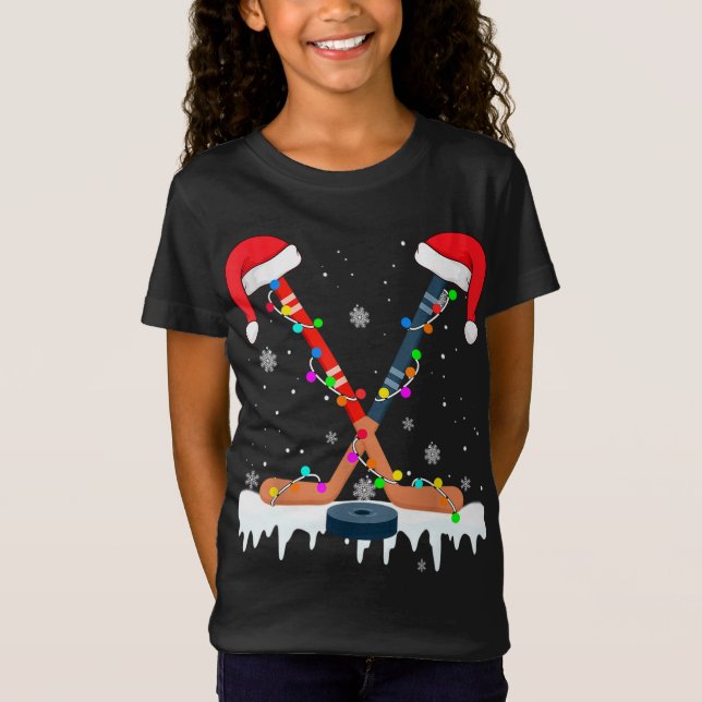 Hockey Santa Hat jul Ljus Funny Sport Julafton T Shirt (Framsida)